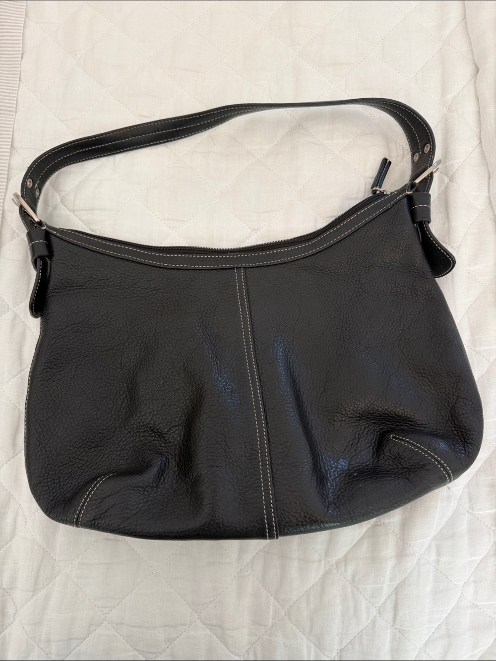 Black Leather Shoulder Bag with Contrast Stitching